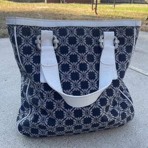 Vintage Emporio Armani Handbag Fabric Blue/White Made In Italy Purse Leather